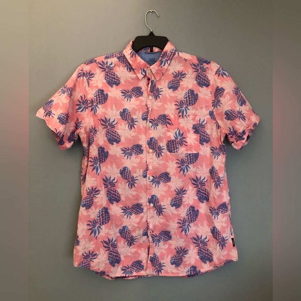 IZOD Salt Water Classics Relaxed Fit Men’s XL Pink Blue Pineapple Hawaiian Shirt